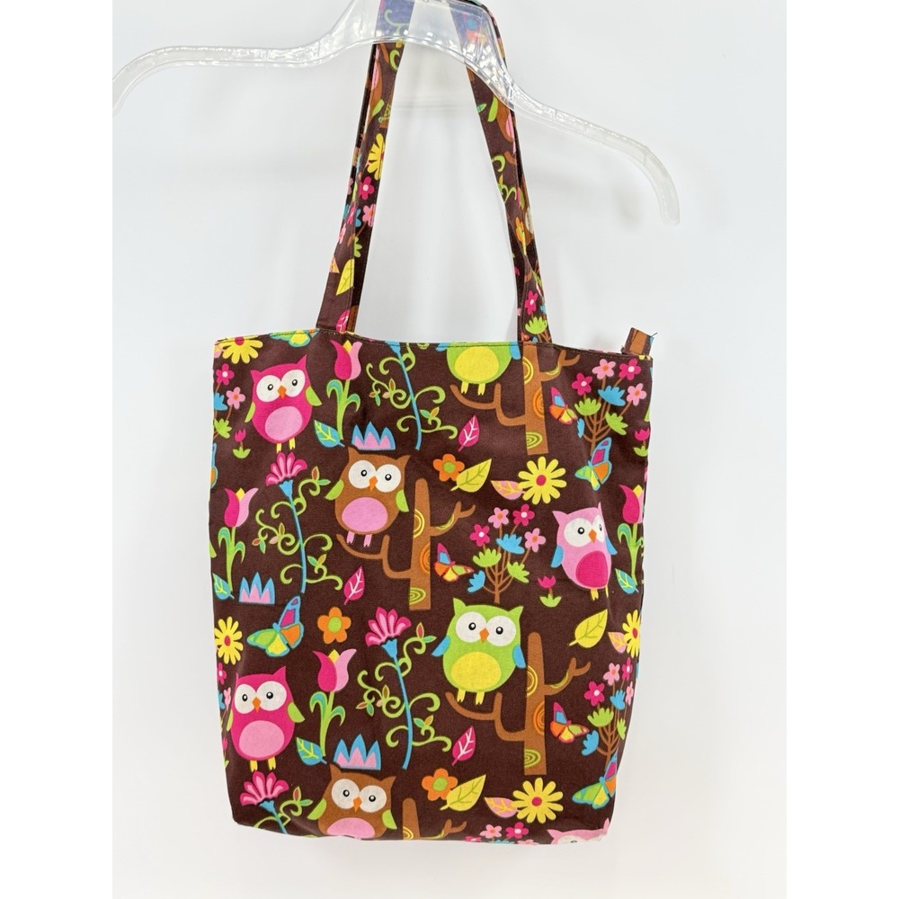 N Gil Owls Flowers Tote Bag Brown Pink Double Straps Zipper Sewing Diaper Bag